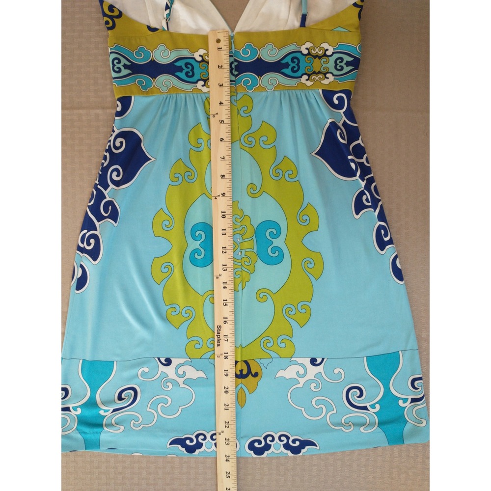 Trina Turk 100% Silk Dress Blue Green Psychedelic Print Empire Waist Size 2 Sexy - Picture 14 of 15